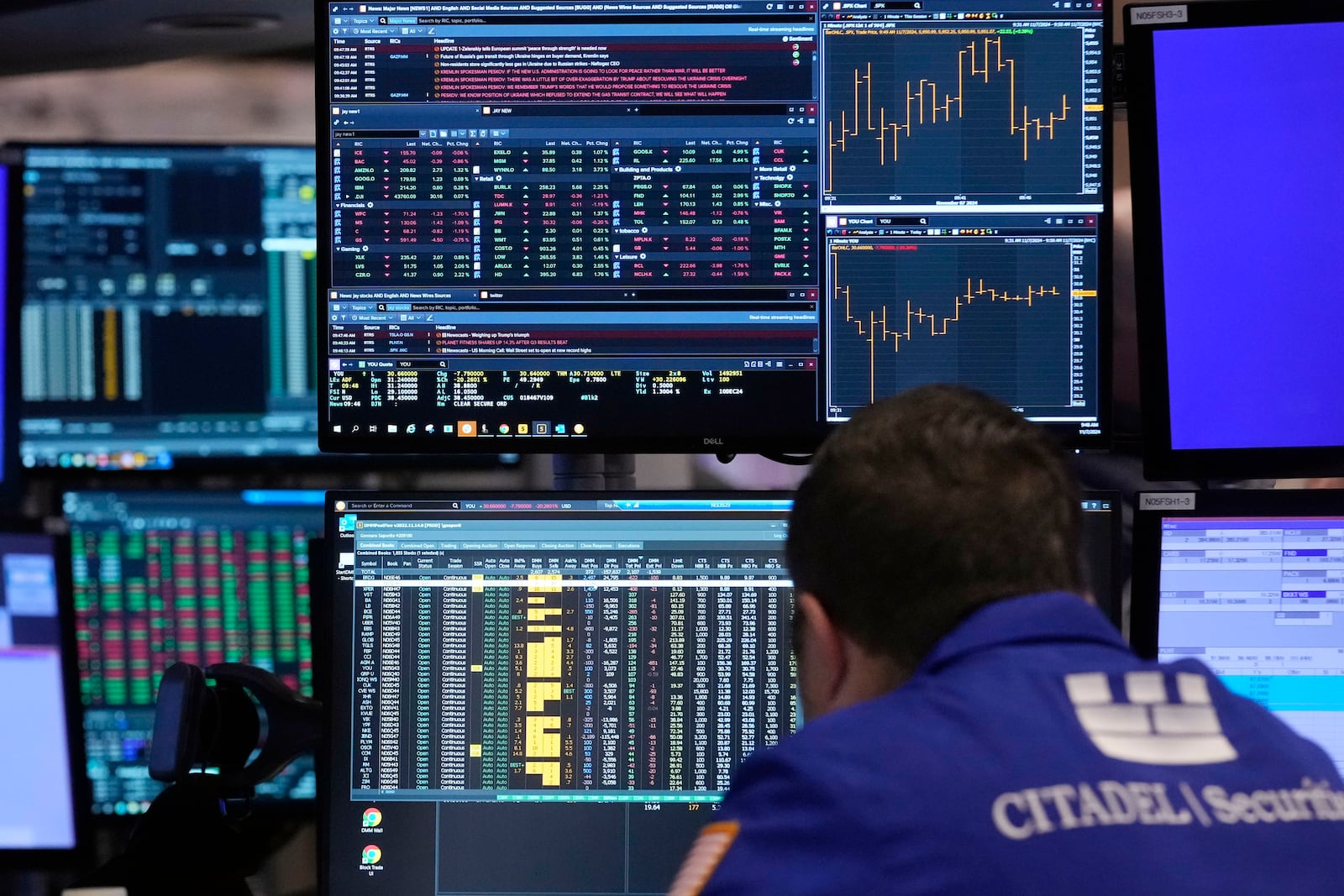 A specialist works at his post on the floor of the New York Stock Exchange, Thursday, Nov. 7, 2024. (AP Photo/Richard Drew)