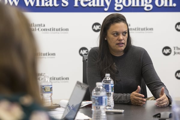 Atlanta Public Schools superintendent Meria Carstarphen, speaks with reporters during a meeting at the Atlanta Journal-Constitution in 2017. (CASEY SYKES, CASEY.SYKES@AJC.COM)