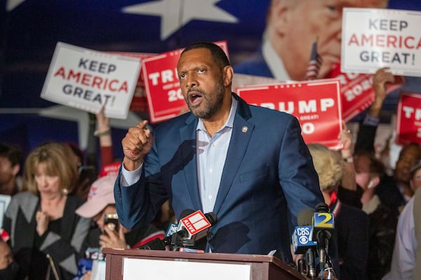 Vernon Jones, then a Democratic state legislator, speaks in support of then-President Donald Trump during a rally outside the Georgia Republican Party headquarters in Atlanta in November. Last month, Jones told Breitbart News that "I'm a Black MAGA man."  (Alyssa Pointer / Alyssa.Pointer@ajc.com)