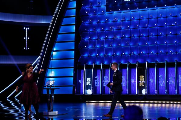  THE WALL -- "Ebony and Deanna" Episode 107 -- Pictured: (l-r) Deanna, Ebony, Chris Hardwick -- (Photo by: Ben Cohen/NBC)