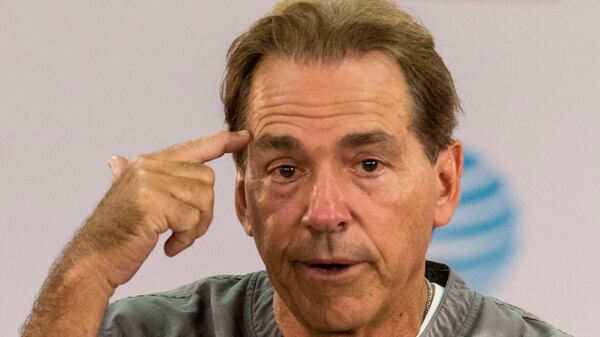 Alabama football coach Nick Saban talks with the media Wednesday, Aug. 16, 2017, in Tuscaloosa, Ala.