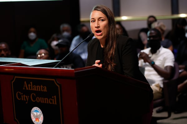 Moki Macias, executive director of Policing Alternatives and Diversion Initiative, speaks during the Atlanta Council meeting in 2022 and offered solutions to council members on how to work together to help with overcrowded jails in Atlanta. Miguel Martinez / miguel.martinezjimenez@ajc.com