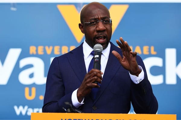 Georgia Democratic candidate Raphael Warnock speaks at his Labor Canvass Launch at IBEW Local 613 on Jan. 5, 2021, in Marietta, Georgia. (Michael M. Santiago/Getty Images/TNS)