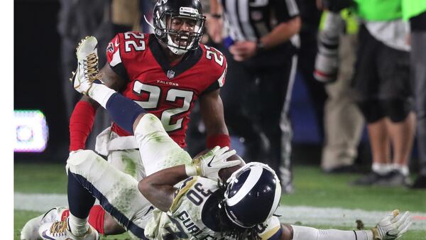 January 6, 2018 Los Angeles: Falcons safety Keanu Neal reacts to leveling Rams running back Todd Gurley with a hard hit during the second half in their NFL Wild Card Game on Saturday, January 6, 2018, in Los Angeles.    Curtis Compton/ccompton@ajc.com