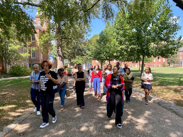 Cheryl Finley (second from the left), the founding director of the Atlanta University Center Art History and Curatorial Studies Collective, gives a tour during Atlanta Art Week in the fall of 2023. The “Art History is Our Legacy” tour showcased the Atlanta University Center’s art historical points of interest. (Rachel Brown)