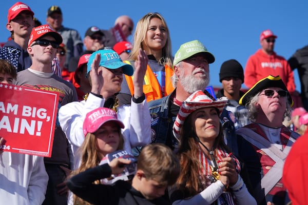 Supporters listen as Republican presidential nominee former President Donald Trump speaks at a campaign rally in Lititz, Pa., Sunday, Nov. 3, 2024. (AP Photo/Evan Vucci)