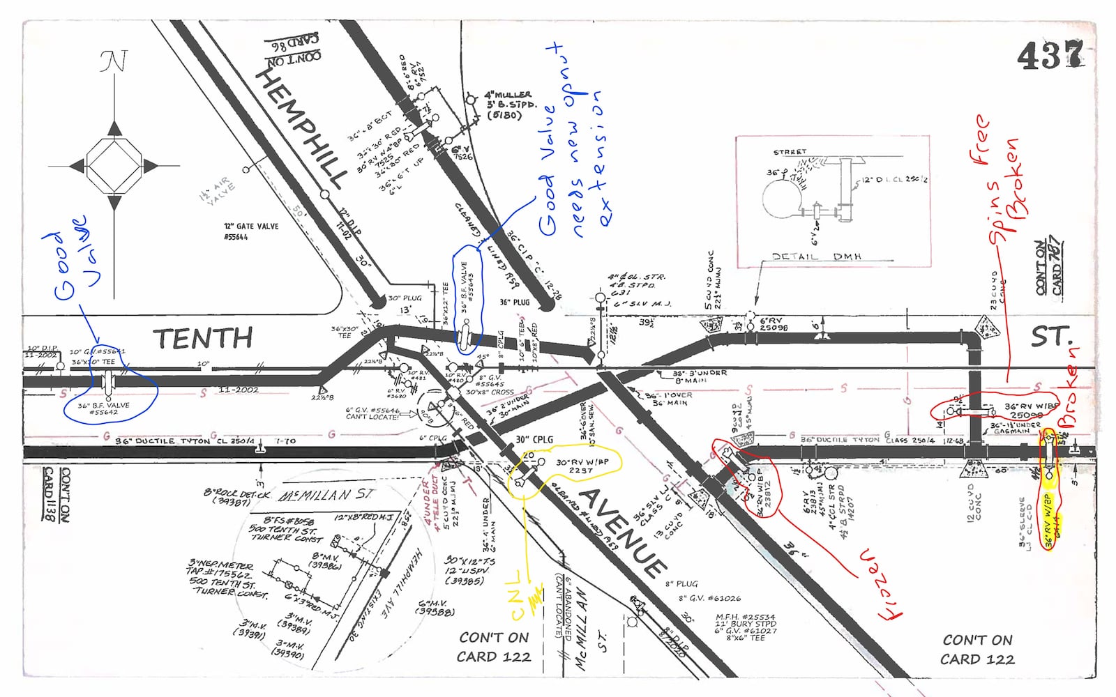 A schematic diagram of the 10th Street NW and Hemphill Avenue NW intersection near Georgia Tech shows where a city water superintendent labeled valves as either "frozen," "broken" or "good." (Atlanta Department of Watershed Management)