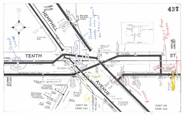 A schematic diagram of the 10th Street NW and Hemphill Avenue NW intersection near Georgia Tech shows where a city water superintendent labeled valves as either "frozen," "broken" or "good." (Atlanta Department of Watershed Management)