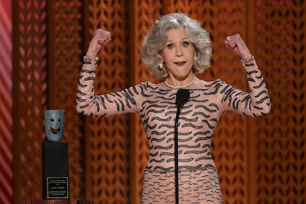 Jane Fonda accepts the lifetime achievement award during the 31st annual Screen Actors Guild Awards on Sunday, Feb. 23, 2025, at the Shrine Auditorium in Los Angeles. (AP Photo/Chris Pizzello)