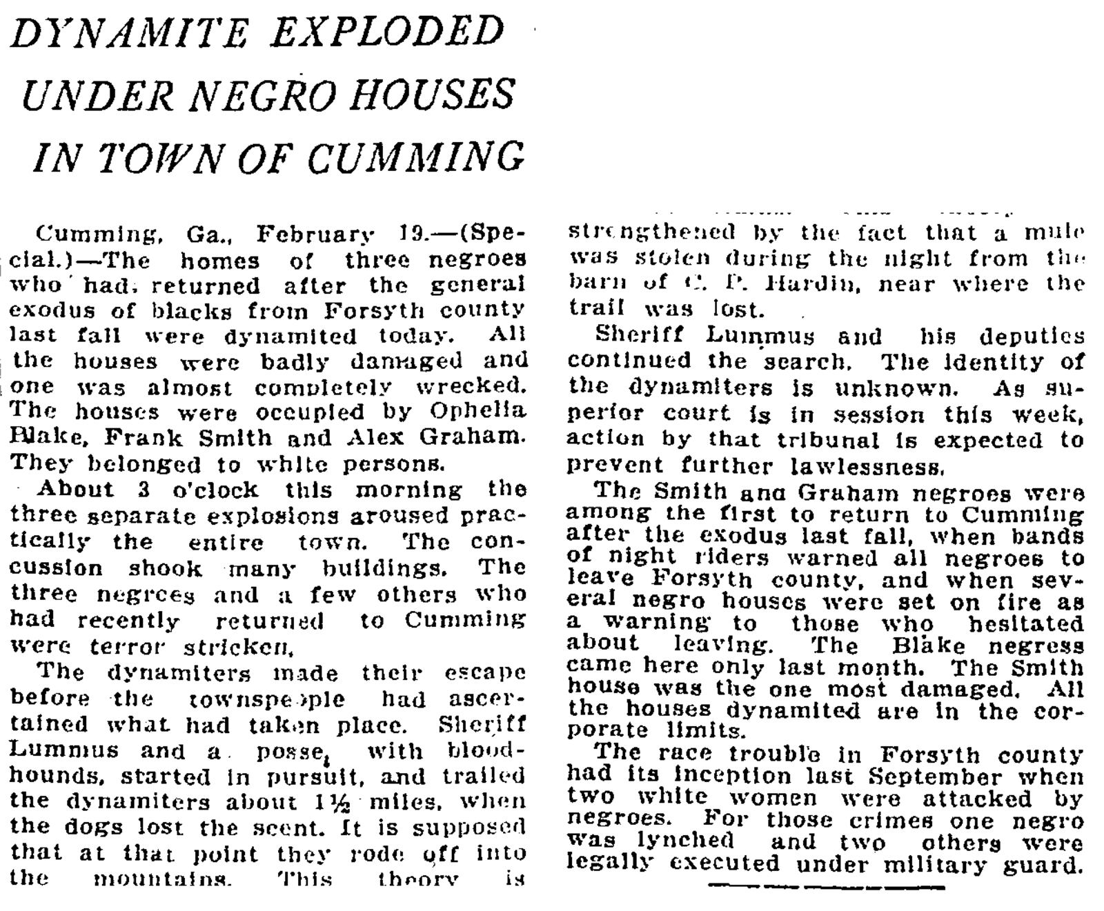 This article describing racial terrorism in Forsyth County was published on page 3 in the Feb. 20, 1913 edition of The Atlanta Constitution. (AJC archives)