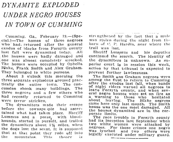 This article describing racial terrorism in Forsyth County was published on page 3 in the Feb. 20, 1913 edition of The Atlanta Constitution. (AJC archives)