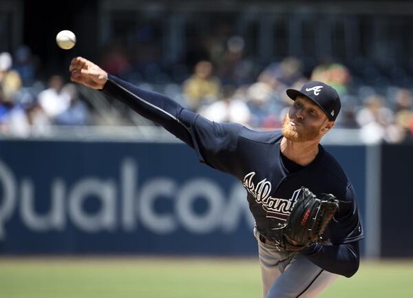 The Braves’ Mike Foltynewicz delivers a pitch in the first inning Wednesday at San Diego. (Photo by Denis Poroy/Getty Images)