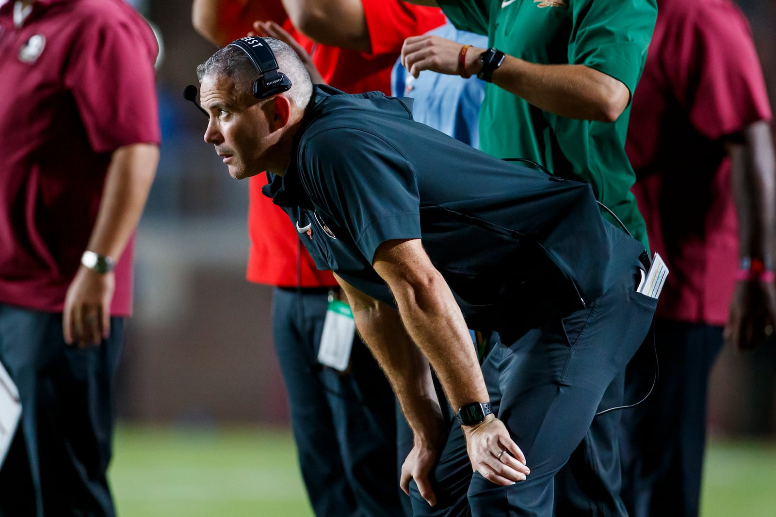 Florida State head coach Mike Norvell watches his team against Clemson during the second half of an NCAA college football game, Saturday, Oct. 5, 2024, in Tallahassee, Fla. (AP Photo/Colin Hackley)