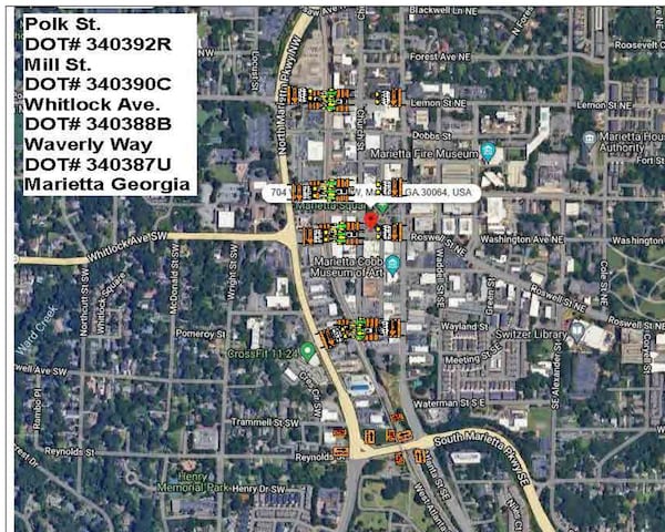 A map of the railroad crossings to be shut down around the Marietta Square beginning Thursday.