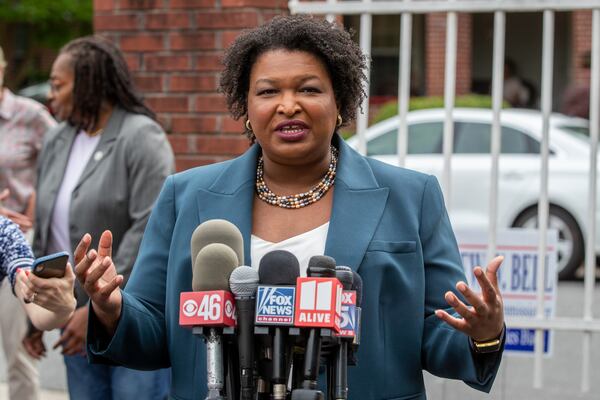 Stacey Abrams talks at a press conference at Israel Baptist Church in Atlanta Tuesday, May 23, 2022. (Steve Schaefer / steve.schaefer@ajc.com)