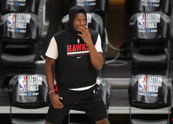 Hawks center Clint Capela has his game face on while preparing to play the Milwaukee Bucks in game 4 of the NBA Eastern Conference Finals on Tuesday, June 29, 2021, in Atlanta. (Curtis Compton / Curtis.Compton@ajc.com)