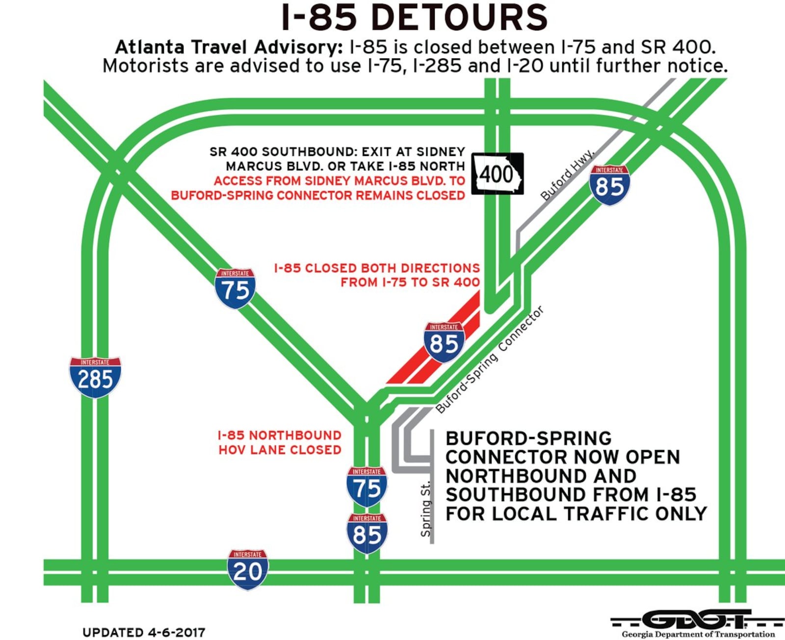 One week after a fire shut down parts of I-85 and alternate routes, drivers can now access the Buford-Spring Connector from southbound I-85 as of April 6, 2017.