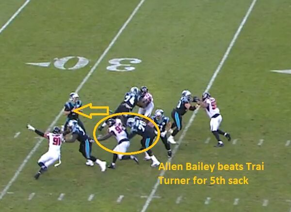 Falcons defensive lineman Allen Bailey got a sack rushing from right tackle late in the game. (Screenshot of Fox Broadcast from gamepass.nfl.com)