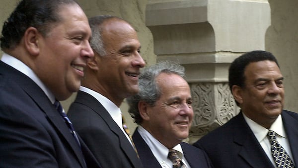 Former mayors Maynard Jackson, Bill Campbell, Sam Massell and Andrew Young gathered at the Fox Theatre for a fundraiser in 2001. In 2017, Atlanta voters could elect the city's first white mayor since 1973. (AJC file photo)