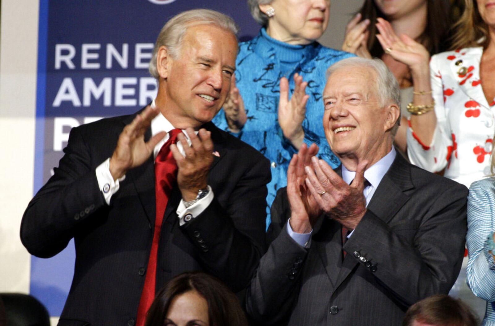 Former President Jimmy Carter (right) is seen with Democratic vice presidential candidate Sen. Joe Biden, D-Delaware, at the Democratic National Convention in Denver, Tuesday, Aug. 26, 2008. (AP Photo/Paul Sancya)