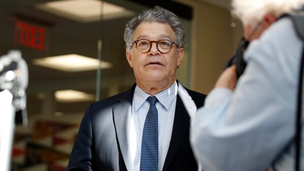 Sen. Al Franken, D-Minn., arrives to speak to the media on Capitol Hill, Monday, Nov. 27, 2017 in Washington. (AP Photo/Alex Brandon)