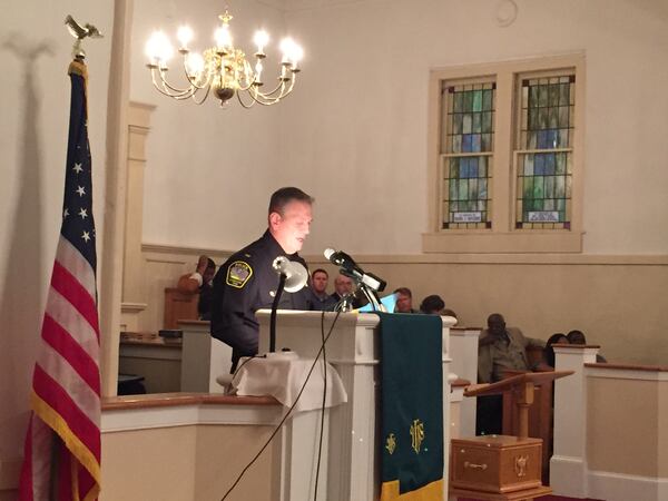 LaGrange Police Chief Lou Dekmar apologizes for the 1940 lynching of Austin Callaway at Warren Temple United Methodist Church Thursday, Jan. 26, 2017. “It should never have happened,” the chief said. BRAD SCHRADE / BSCHRADE@AJC.COM