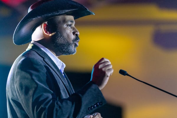 Marcus Flowers, the Democratic candidate running against incumbent U.S. Rep. Marjorie Taylor Greene, speaks at the Democratic Party of Georgia’s State Convention in Columbus on Saturday, August 27, 2022. Steve Schaefer/steve.schaefer@ajc.com)