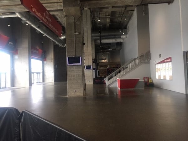 Empty concourses inside Mercedes-Benz Stadium.