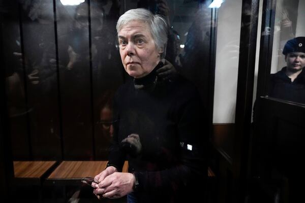 Paediatrician Nadezhda Buyanova, accused of spreading false information about the army, attends a hearing in the Tushinsky District Court in Moscow, Russia, Tuesday, Nov. 12, 2024. (AP Photo/Pavel Bednyakov)