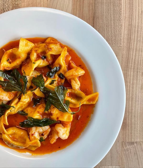 Casoncelli with shrimp and a sauce spiked with ’nduja is part of a rotating menu of eight house-made pastas at Bastone. Courtesy of Kathryn McCrary Photography 