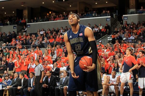 Georgia Tech forward Robert Sampson reacts after turning over the ball during an NCAA college basketball game against Virginia on Thursday, Jan. 22, 2015, in Charlottesville, Va. Virginia defeated Georgia Tech 57-28. (AP Photo/Andrew Shurtleff) For the Jackets, a night of frustration. (Andrew Shurtleff/AP photo)