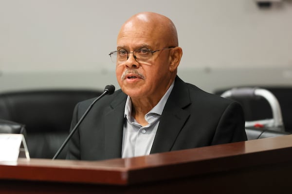 Blaine Smith testifies in opposition to Sandersville Railroad Company's petition to acquire several pieces of property by eminent domain in Sparta, Georgia, during a hearing at the Georgia Public Service Commission on Wednesday, Nov. 29, 2023, in Atlanta. Smith owns property that the railroad company is trying to force him to sell. (Jason Getz / Jason.Getz@ajc.com)