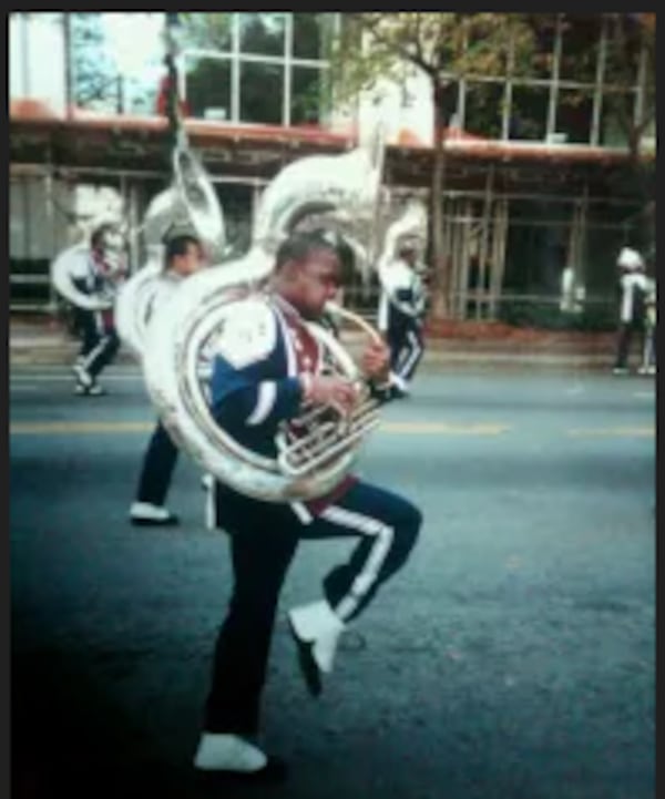 Ernest Stackhouse in his tuba-playing days in the late 1990s at South Carolina State University, where he was a member of the school's band known as the Marching 101.