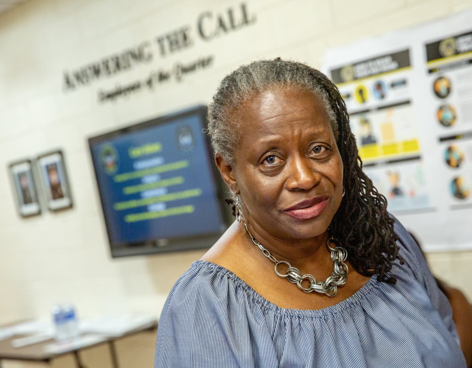 Councilwoman Joyce Sheperd finishes touring the Atlanta Police Training Academy, housed in a former elementary school Thursday, June 17, 2021. (Jenni Girtman for The Atlanta Journal-Constitution)