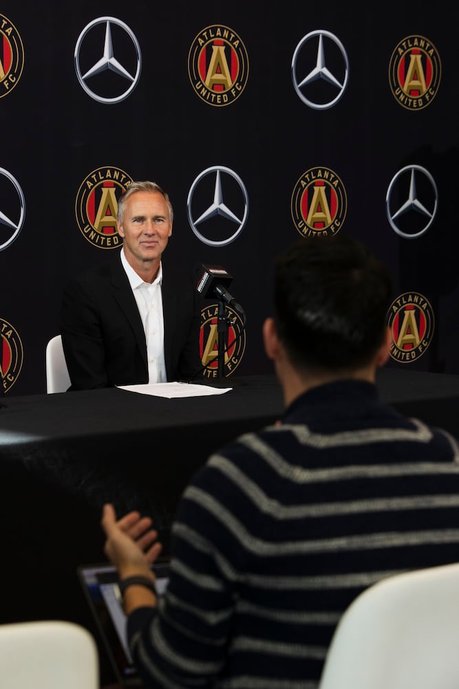 Chris Henderson, the newly appointed chief soccer officer and sporting director of Atlanta United, speaks during a press conference introducing Henderson as the new technical director on Tuesday, December 17, 2024, at the Atlanta United training grounds in Marietta, Georgia. CHRISTINA MATACOTTA FOR THE ATLANTA-JOURNAL CONSTITUTION.


