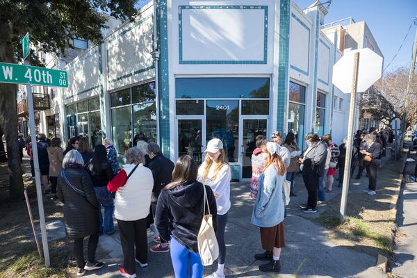 Customers wait in line at Back in the Day on Feb. 14, the bakery's last day in business. (AJC Photo/Stephen B. Morton)