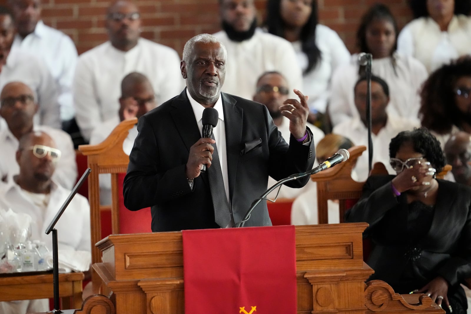 Gary Houston speaks during a ceremony celebrating the life of Cissy Houston on Thursday, Oct. 17, 2024, at the New Hope Baptist Church in Newark, N.J. (Photo by Charles Sykes/Invision/AP)