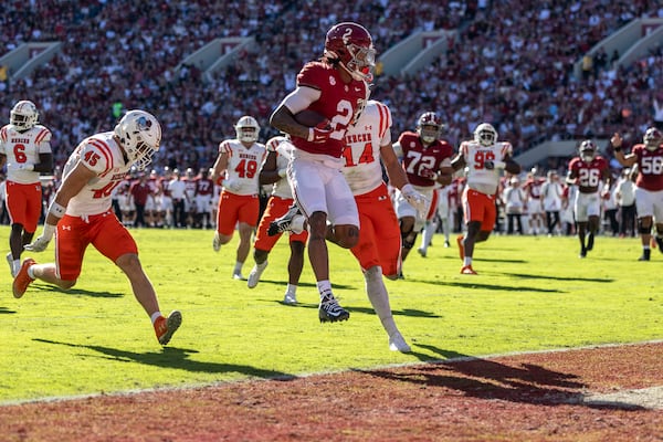 Alabama wide receiver Ryan Williams (2) scores his second touchdown, a pass reception, during the first half of an NCAA college football game against Mercer, Saturday, Nov. 16, 2024, in Tuscaloosa, Ala. (AP Photo/Vasha Hunt)