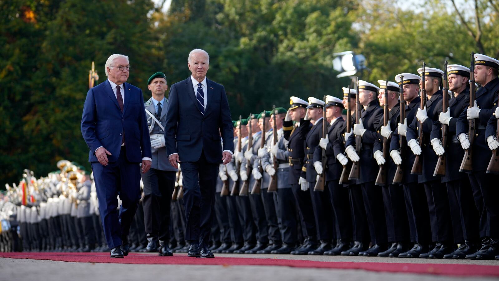 President Joe Biden (right) is accompanied by President Frank-Walter Steinmeier of Germany during a welcoming ceremony in Berlin.