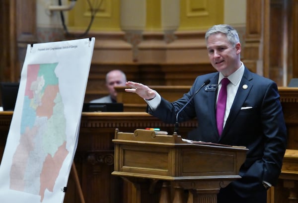 Sen. John Kennedy (R-Macon) presents the newly-drawn congressional maps in the Senate Chambers during a special session at the Georgia State Capitol in Atlanta on Friday, November 19, 2021. Georgia’s redistricting process received a “D” grade in a report released Wednesday by advocacy groups. (Hyosub Shin/hyosub.shin@ajc.com)