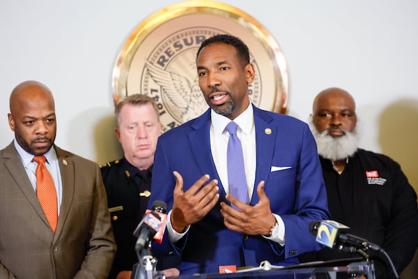 Atlanta Mayor Andre Dickens addresses press members on Wednesday, June 5, 2024, to inform the public and the media that Atlanta’s water service had been fully restored. The announcement came after the city endured five days of disruptions due to multiple water main breaks.
(Miguel Martinez / AJC)