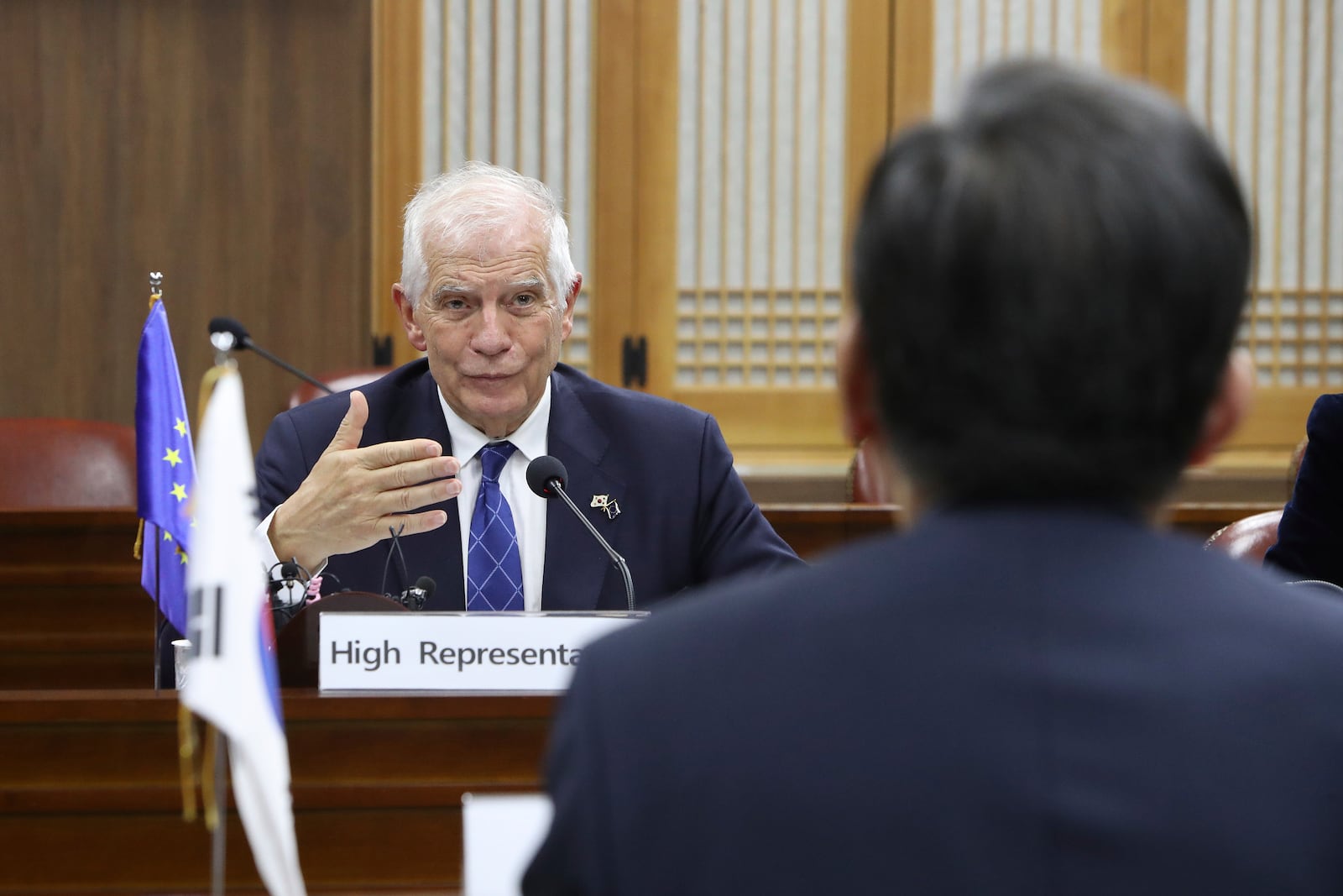 European Union foreign policy chief Josep Borrell, left, talks with South Korean Foreign Minister Cho Tae-yul, back to camera, during a meeting at the Foreign Ministry, in Seoul, South Korea, Monday, Nov. 4, 2024. ( Chung Sung-Jun/Pool Photo via AP)