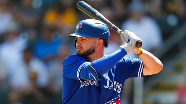 Toronto Blue Jays' Forrest Wall plays during a spring training baseball game, Thursday, March 12, 2020, in Bradenton, Fla. (AP Photo/Carlos Osorio)