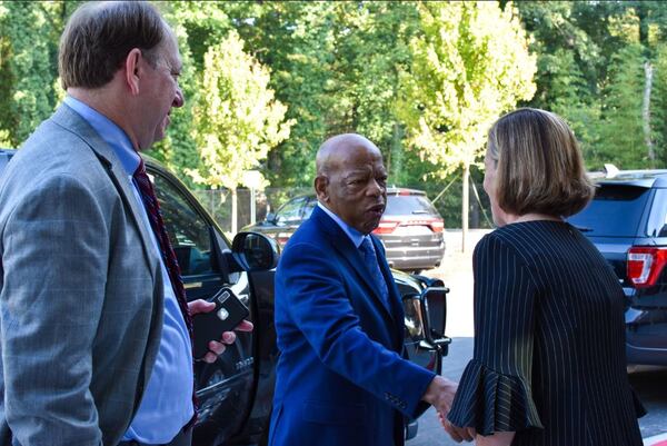 Congressman John Lewis greets DeKalb County Board of Education members outside of John Lewis Elementary School. (photo courtesy DeKalb County School District)