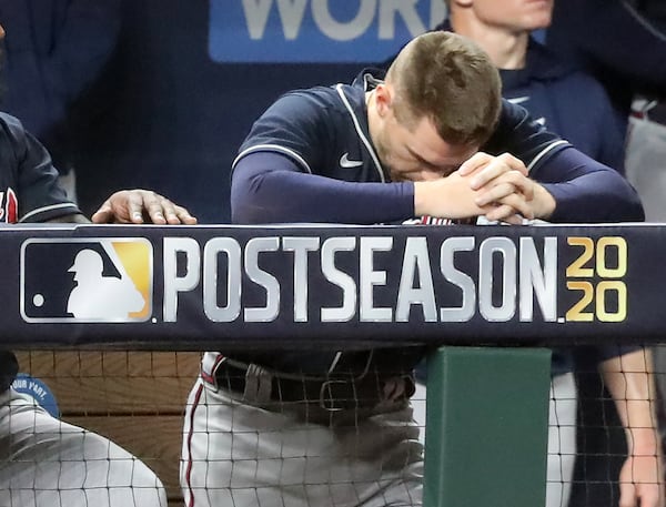 Freddie Freeman reacts to falling 4-3 to the Dodgers in game 7 of the National League Championship Series at Globe Life Field on Sunday, Oct 18, 2020 in Arlington.   “Curtis Compton / Curtis.Compton@ajc.com”