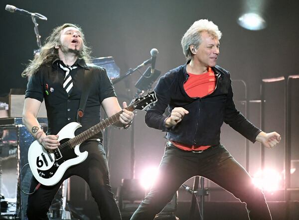  Guitarist Phil X (L) and frontman Jon Bon Jovi of Bon Jovi perform during a stop of the band's This House is Not for Sale Tour at T-Mobile Arena on March 17, 2018 in Las Vegas. Photo: Getty Images