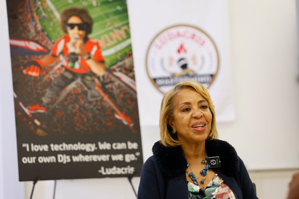 Roberta Shields, director of the Ludacris Foundation, discussed a partnership with Microsoft to introduce the TechTunes program at Utopian Academy for the Arts on Monday, Feb. 10, 2025. (Miguel Martinez/ AJC)