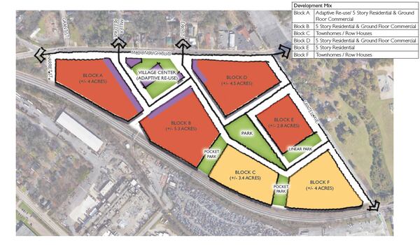 A rendering of the 40-acre parcel shows the mixed-use development expected to break ground later this year. (Courtesy of Kaplan Residential)