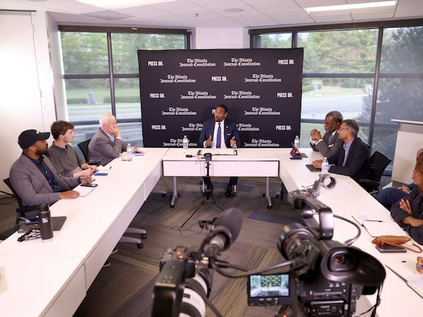 Atlanta, Thursday April 14, 2022 - Atlanta Mayor Andre Dickens talks with The Atlanta Journal-Constitution reporters about his first 100 days in office. (Tyson A. Horne / tyson.horne@ajc.com)
