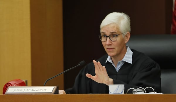 Fulton County State Court Judge Jane Morrison discusses evidence with attorneys. The trial continued in the first-ever criminal prosecution of an alleged violation of the Georgia Open Records Act. Jenna Garland, a former press secretary to ex-Atlanta Mayor Kasim Reed, is accused of ordering a subordinate to delay the release of water billing records requested by Channel 2 Action News that were politically damaging to Reed and other city elected officials. BOB ANDRES / BANDRES@AJC.COM